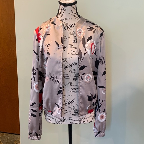 LOFT Lightweight Beige Floral Satin Bomber Jacket Women’s XS Extra Small - Picture 2 of 11
